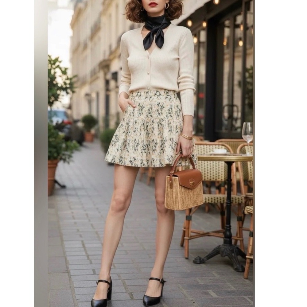 Avec Les Filles Daisy Embroidered Tiered Mini Skirt Floral Cotton Ramie Tan 12